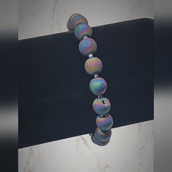Rainbow Druzy Agate Galaxy smooth round stretch bracelet silver DesignFreeSpirit - Picture 2 of 7